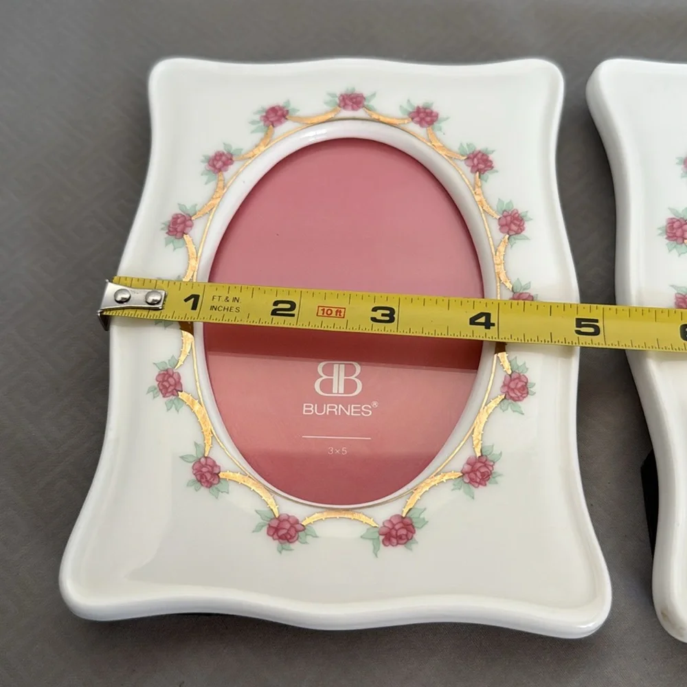 Vintage Burnes Elegant Pink and White Floral Ceramic Frames Set of Two 3”X5”